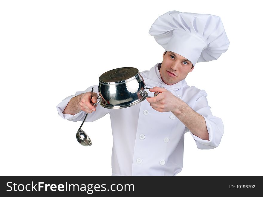 Portrait of young cook with pan and ladle