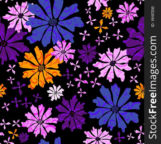 Floral seamless black pattern with blue and pink and yellow flowers