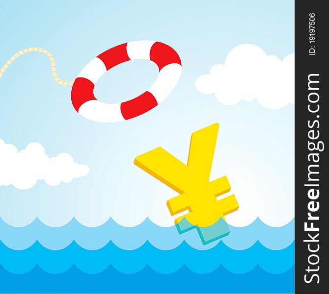 Sinking yen sign and the flying lifebuoy. Sinking yen sign and the flying lifebuoy