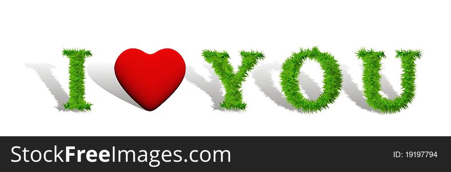 High resolution conceptual I love you text made of grass and a red heart