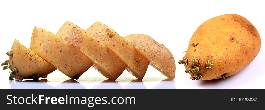 Potato slices and whole potato isolated on white background.