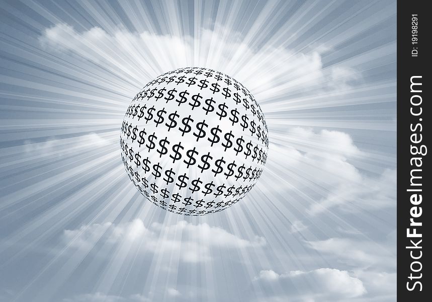 Dollar symbols in shape of globe against streaky sky background. Dollar symbols in shape of globe against streaky sky background