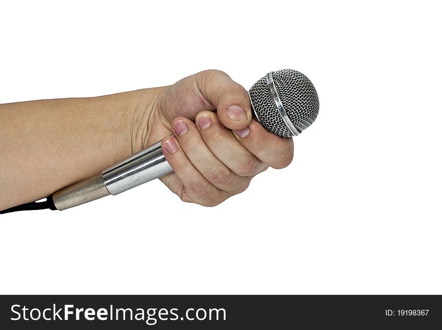 Microphone in hand isolated on white