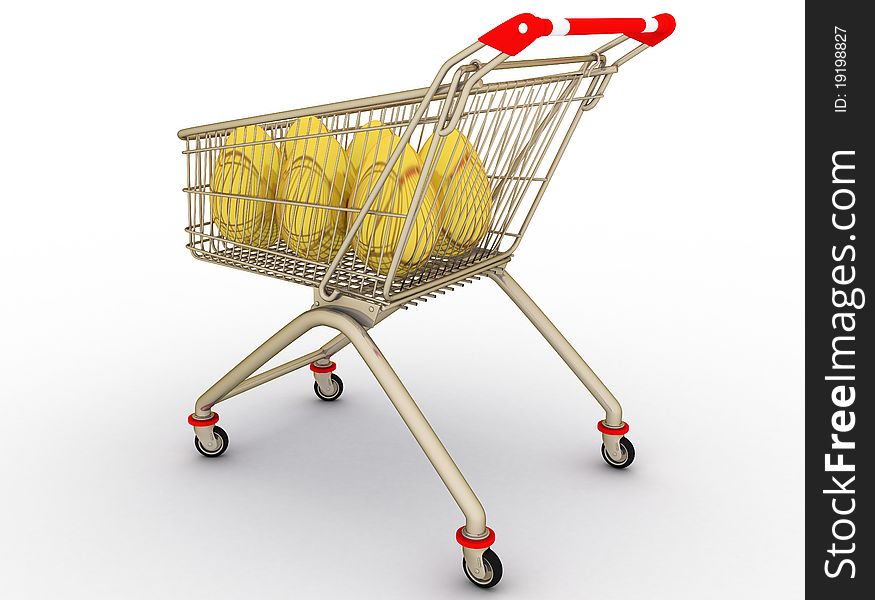 Gold arise in shopping cart isolated
