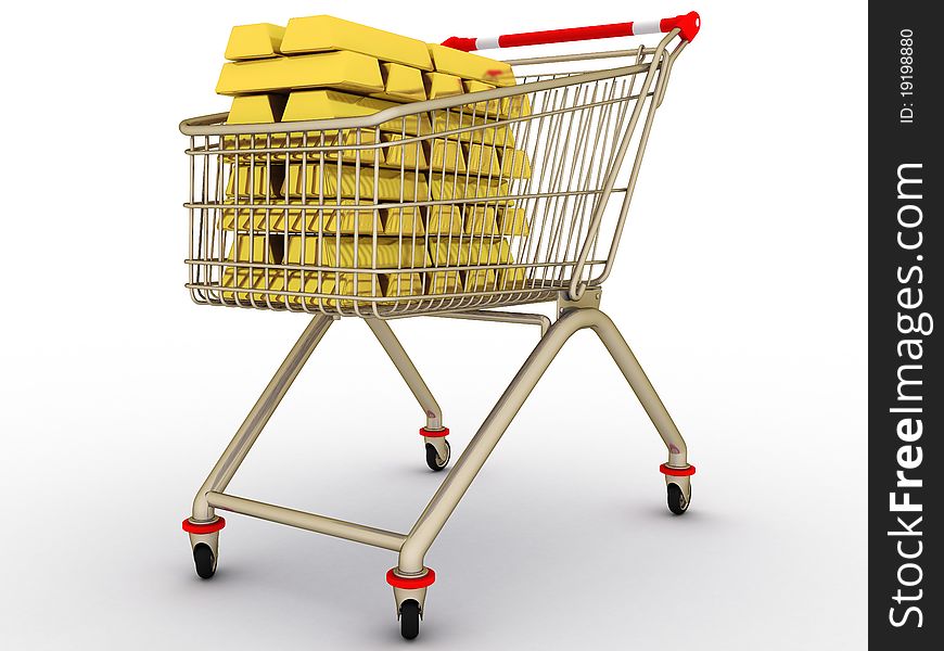 The shopping cart with full gold ingots isolated