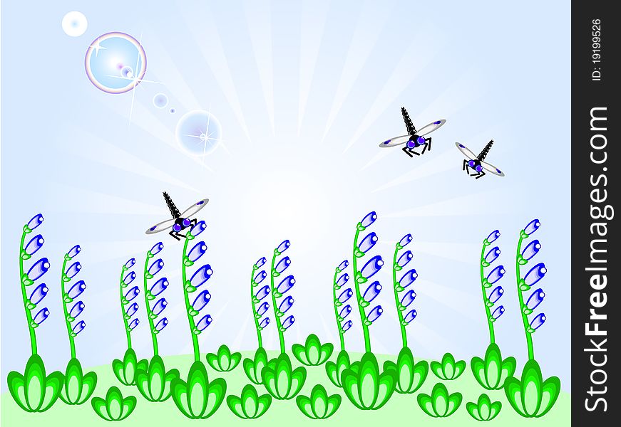 Vector background nature. Lawn with blue flowers. Fly dragonfly. Sunny day. Vector background nature. Lawn with blue flowers. Fly dragonfly. Sunny day.