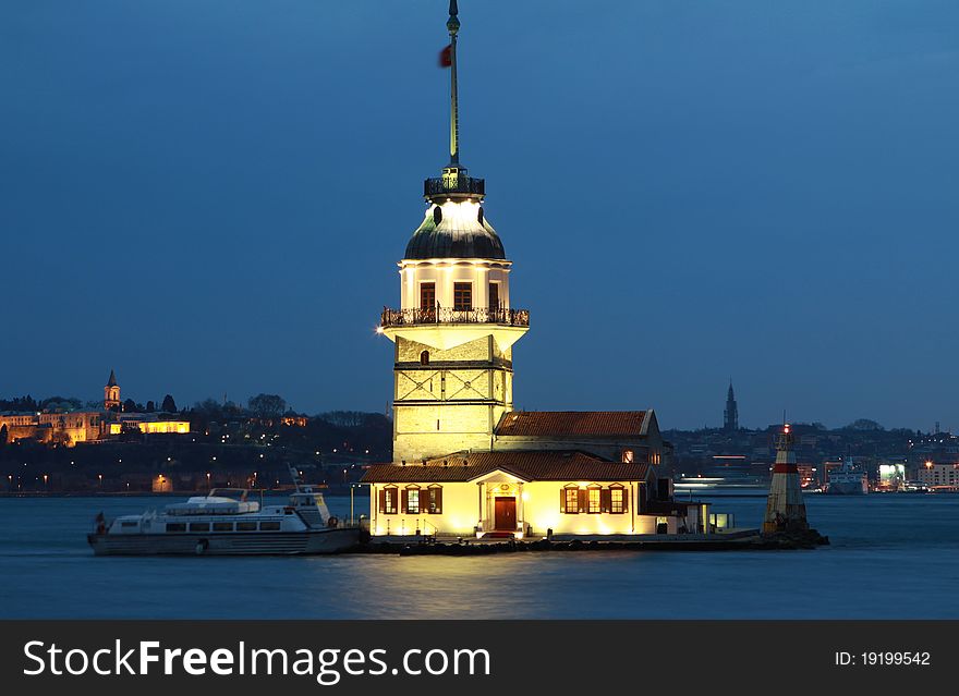 The Maiden's Tower with Topkapi Palace at night, Istanbul. The Maiden's Tower with Topkapi Palace at night, Istanbul.