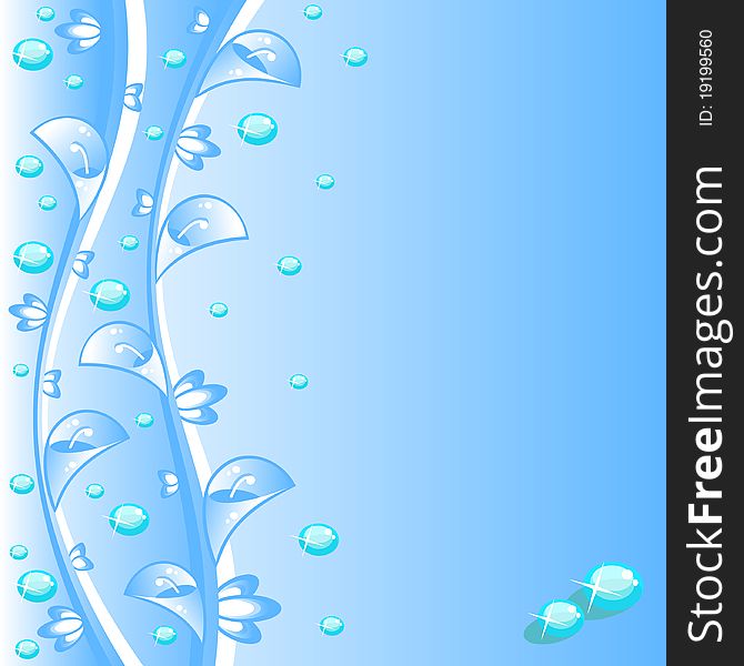 Background of blue color. Vector abstract. On the left the spring blue flowers and decorative waves. Dew is sparkling pearls. Background of blue color. Vector abstract. On the left the spring blue flowers and decorative waves. Dew is sparkling pearls.