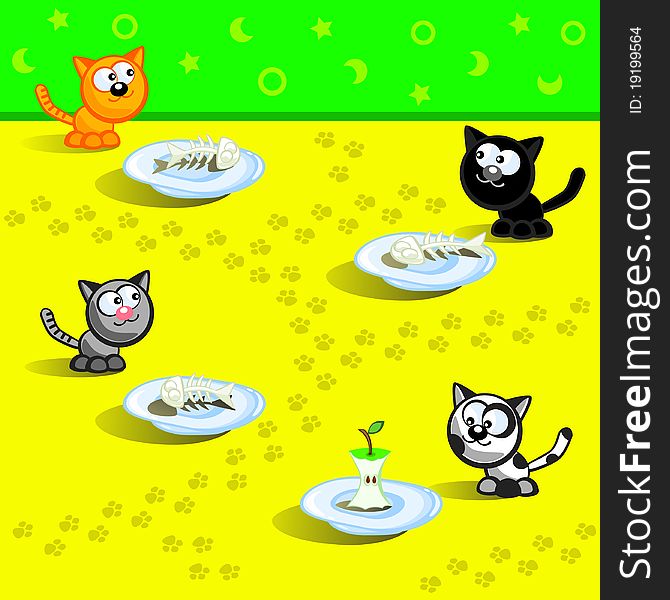 Four cats eating. Beside three fish bones. Beside other leftover bit an apple. Cartoon Vector scene. Humor. Four cats eating. Beside three fish bones. Beside other leftover bit an apple. Cartoon Vector scene. Humor.