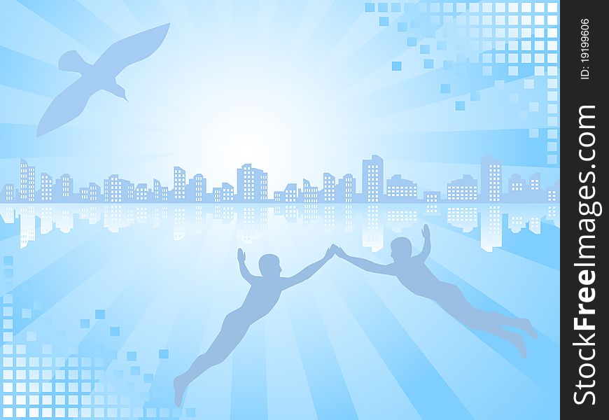 Background of blue color. On a line of horizon a city landscape. The two mans and a bird aspire there. Background of blue color. On a line of horizon a city landscape. The two mans and a bird aspire there.