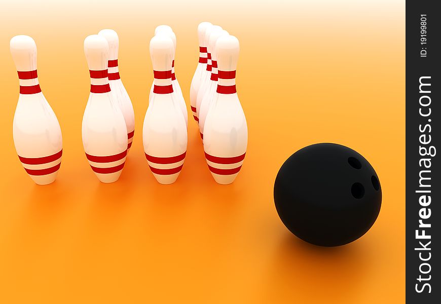Colored Bowling on orange background 3d illustration.