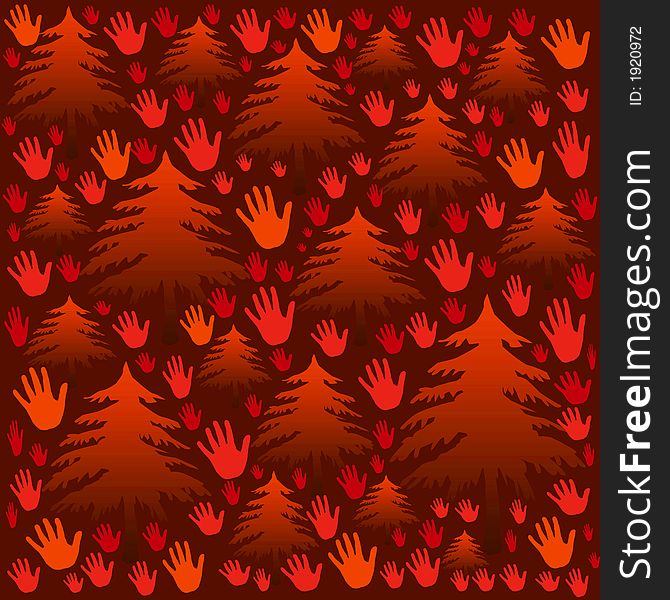 Brown background, red ,and orange hands, trees...