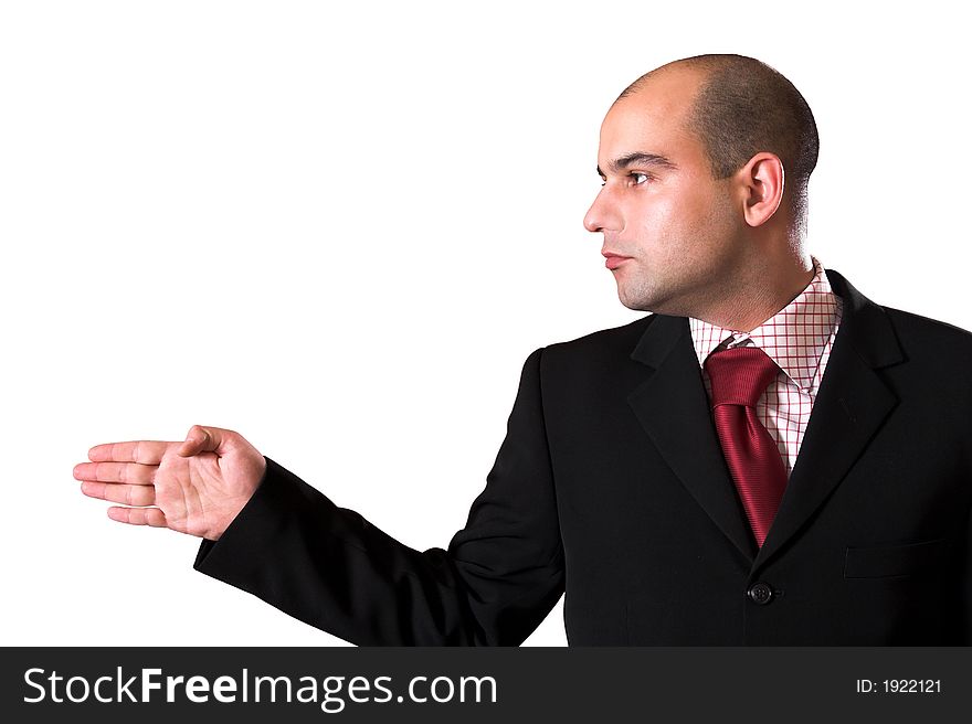 A Businessman pointing on white background