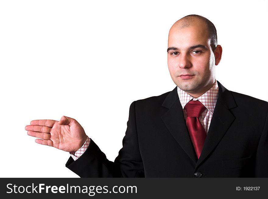 A Businessman pointing on white background