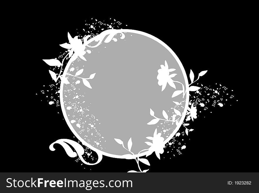 A black background with a round frame and flowers. A black background with a round frame and flowers