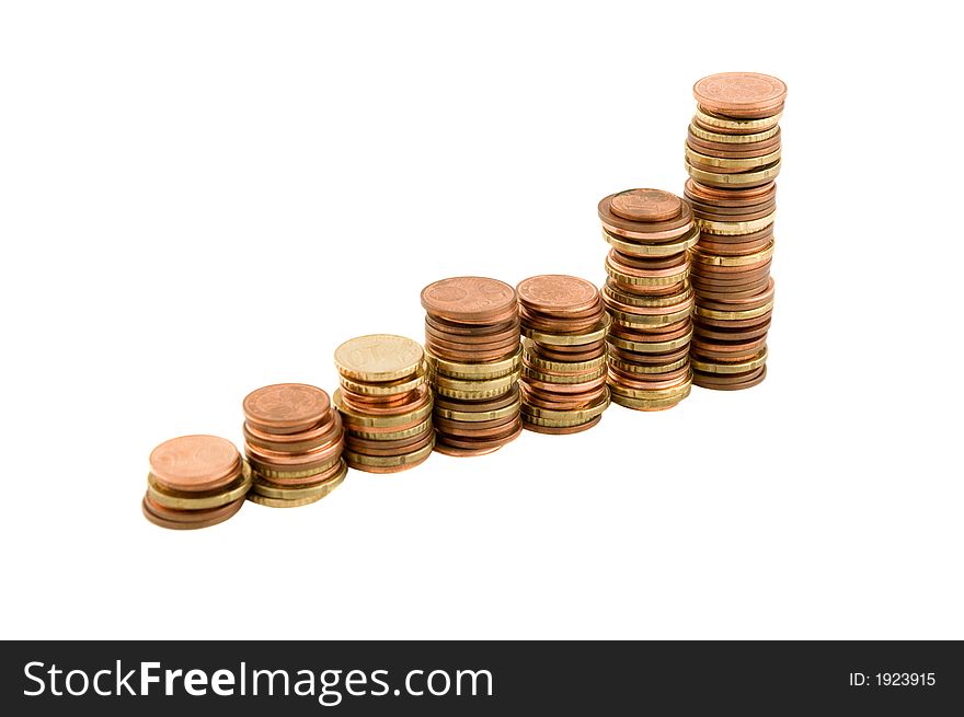 Stacks of coins building an upward graph isolated on white