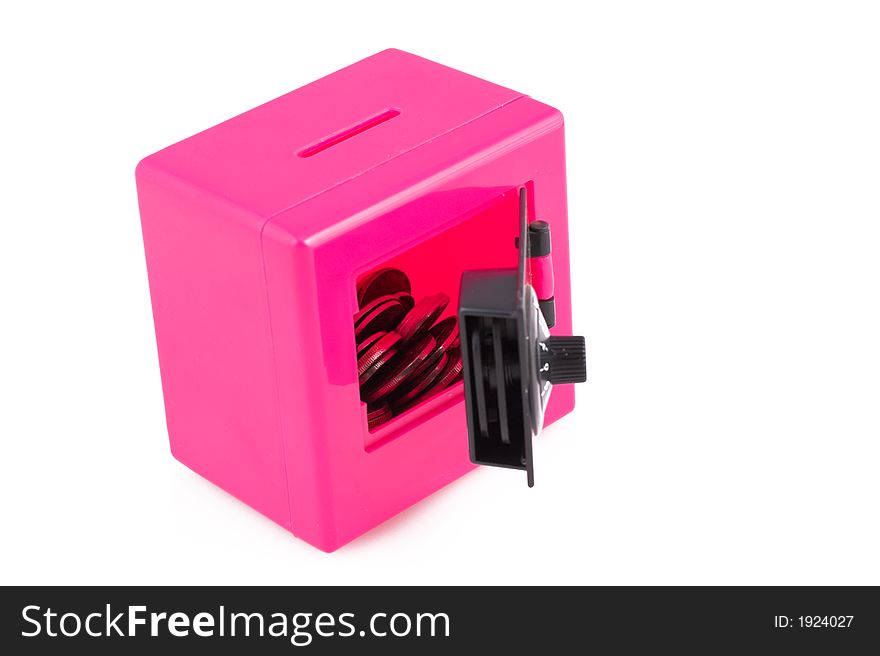 Money in a pink vault with white isolated background