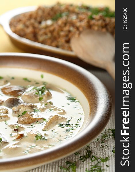 Mushrooms soup with cream on the plate