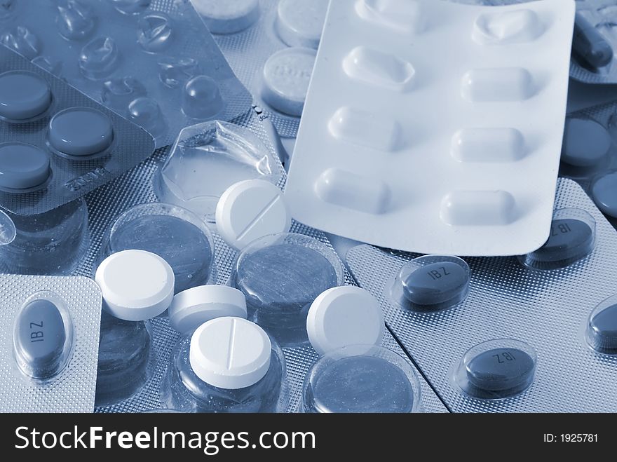 A pile of medicines in monochrome in closeup