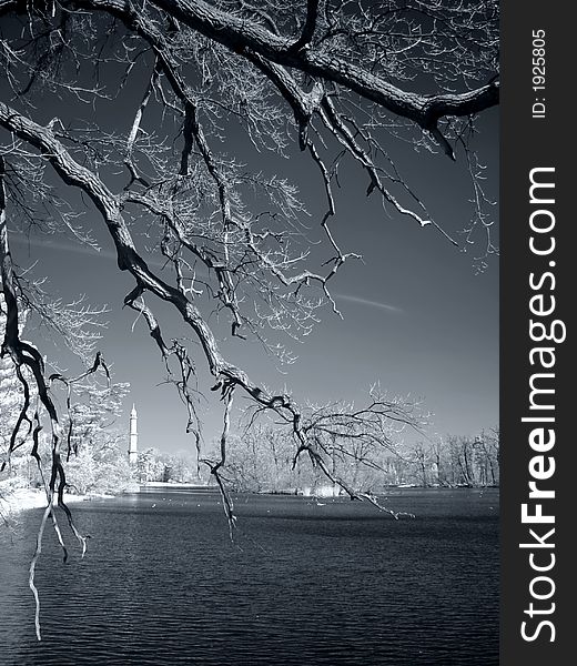 Pond with mosque, infrared picture without noise.