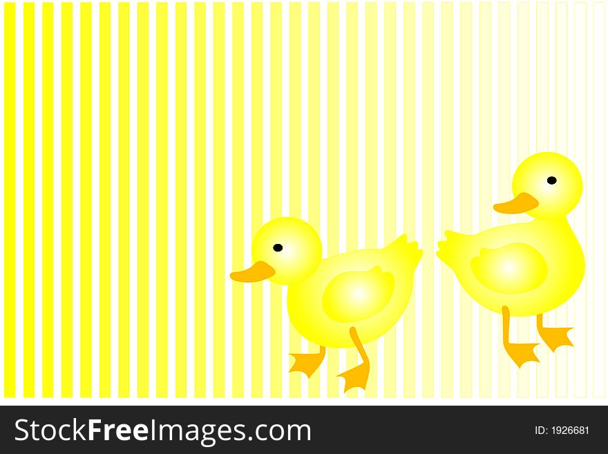 Two yellow ducks over a yellow and white striped background.