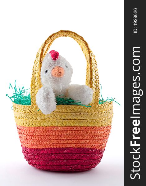 White chicken in colorful easter basket, isolated on white. White chicken in colorful easter basket, isolated on white