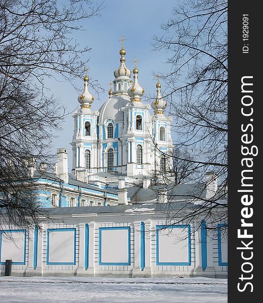 White blue cathedral, in the center of monastery