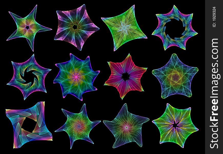 Set of 12 multicolored stars on black background. Set of 12 multicolored stars on black background