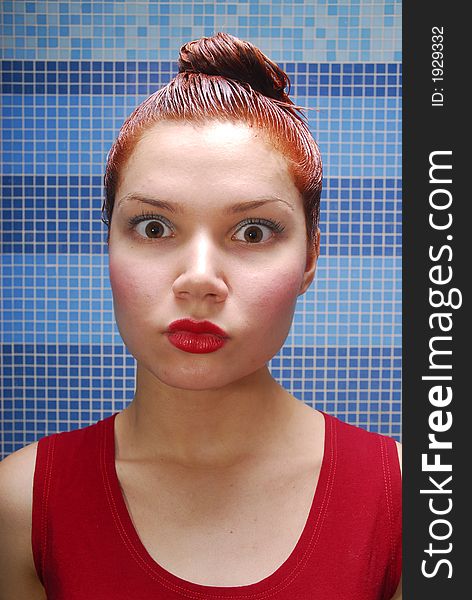 Girl with dyeing and red lips. Girl with dyeing and red lips