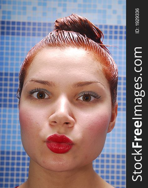Girl with dyeing and red lips. Girl with dyeing and red lips