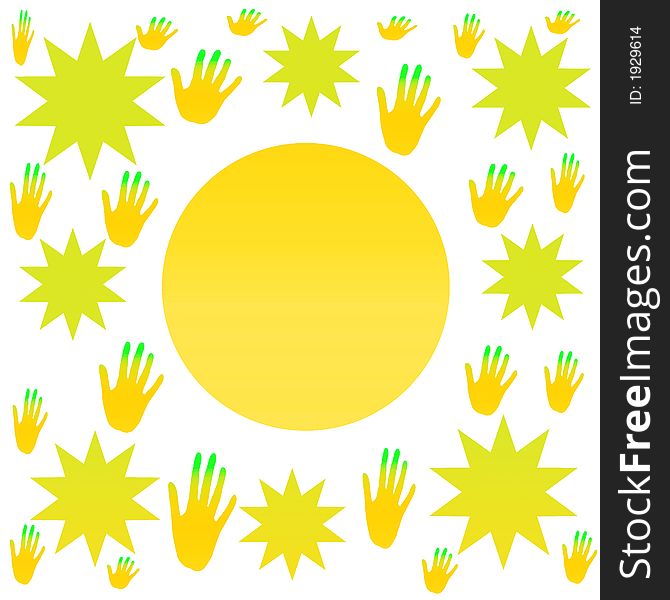 White background, light green, yellow, sun, hands and stars. White background, light green, yellow, sun, hands and stars.