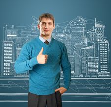 Man In Blue Shows Well Done Royalty Free Stock Image Man In Blue Shows Well Done Royalty Free Stock Image