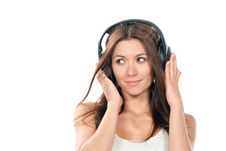 Slim Woman Listening, Enjoying Music In Headphones Stock Photos Slim Woman Listening, Enjoying Music In Headphones Stock Photos