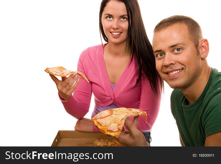 Friends having fun and eating pizza