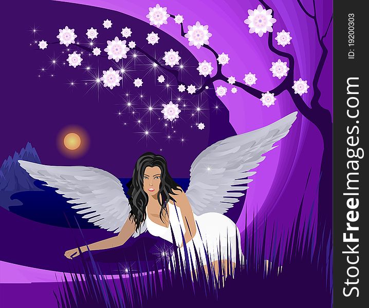 Angel and magic spring night. Angel and magic spring night