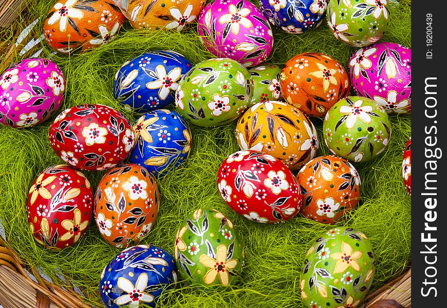 View colored eggs in the basket. View colored eggs in the basket