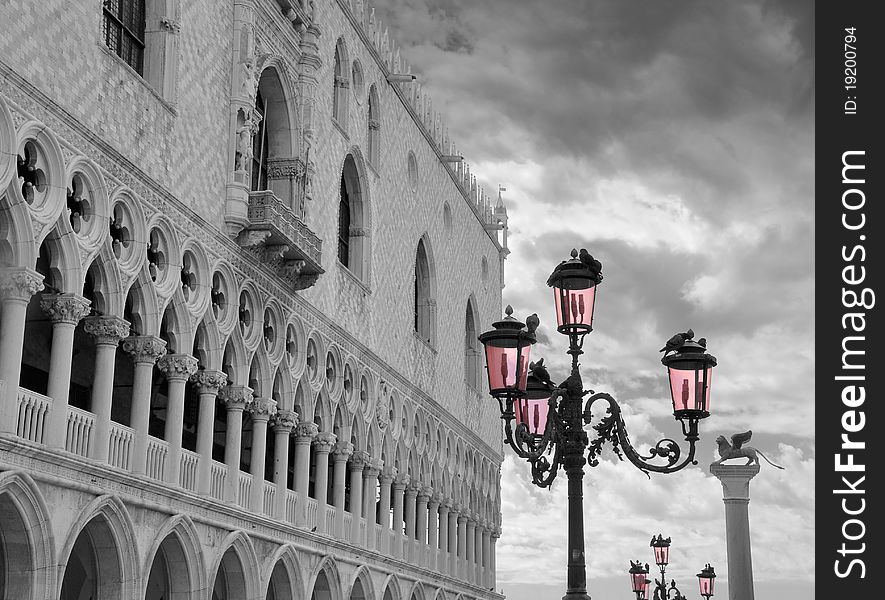 Pink lantern near to Doge's palace on the San Marco square in Venice, Italy. Pink lantern near to Doge's palace on the San Marco square in Venice, Italy.