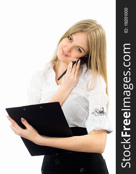 Young businesswoman writing a list on white