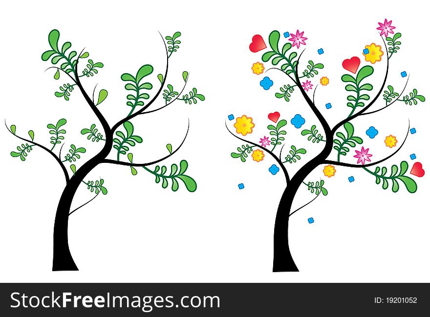 A illustration of a spring and summer tree, spring tree with a cool leaf design and summer tree with bright blooming colours.File is an EPS 8. A illustration of a spring and summer tree, spring tree with a cool leaf design and summer tree with bright blooming colours.File is an EPS 8.