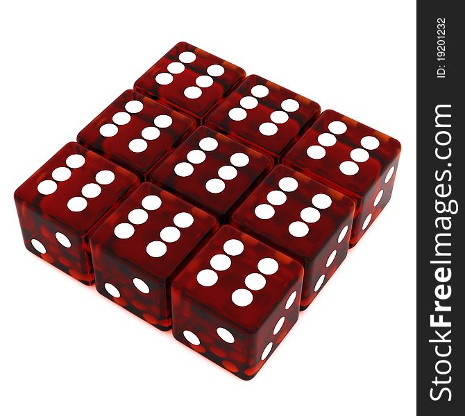 3D Red rolling dice on white background. 3D Red rolling dice on white background