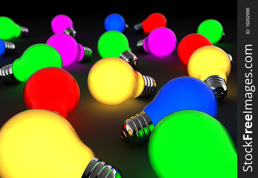 Abstract 3d illustration of many colorful light bulbs. Abstract 3d illustration of many colorful light bulbs