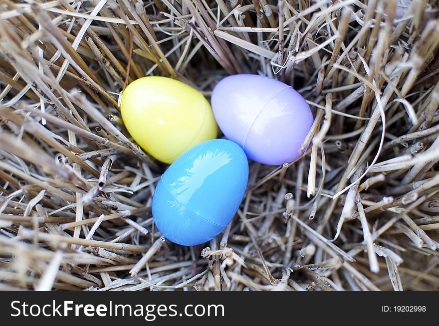 A nest of easter eggs shines in the morning sunlight.