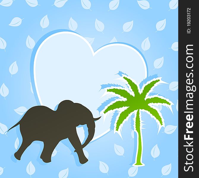 The elephant runs to a palm tree. A  illustration