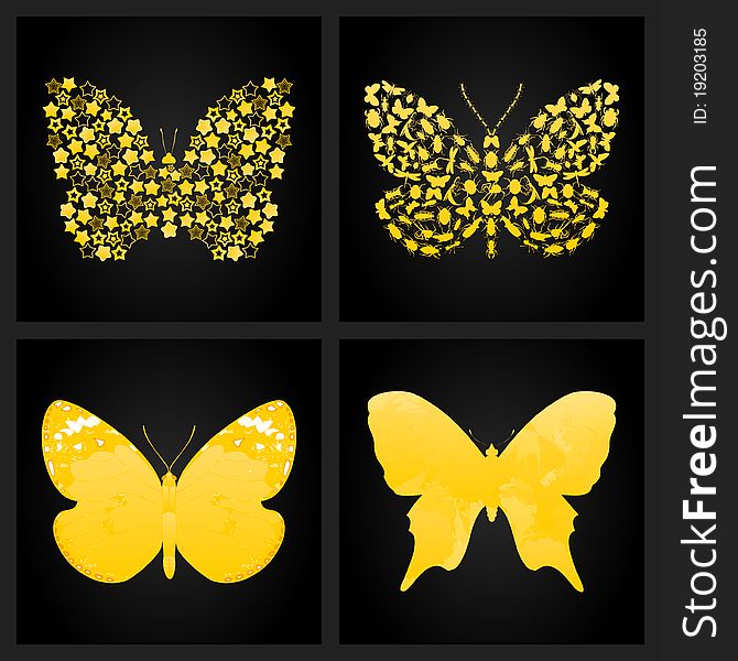 Four gold butterflies on a black background. A  illustration. Four gold butterflies on a black background. A  illustration