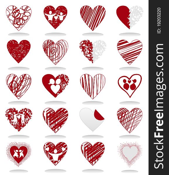 Set of icons of red hearts. A  illustration. Set of icons of red hearts. A  illustration