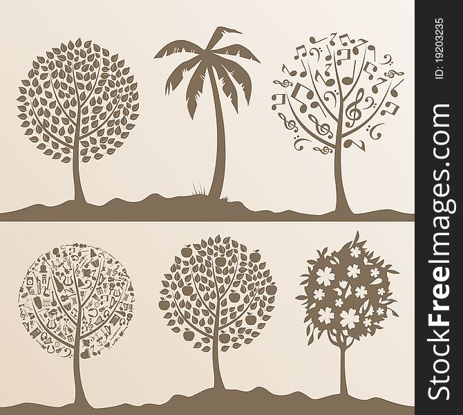 Silhouettes of trees on a white background. A  illustration. Silhouettes of trees on a white background. A  illustration