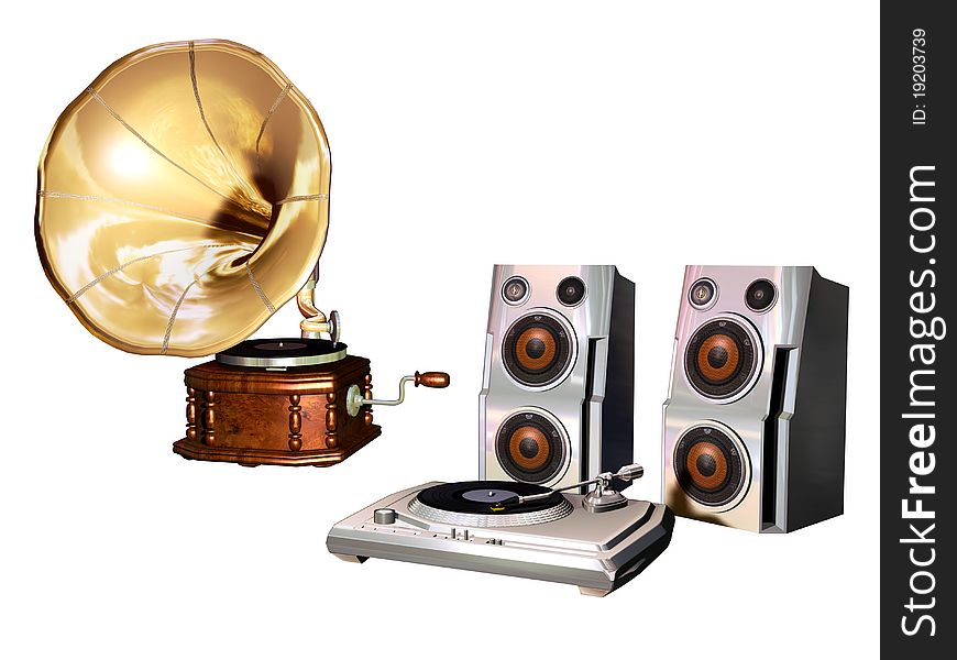 An old fashioned gramophone close to a modern turntable and loudspeakers. An old fashioned gramophone close to a modern turntable and loudspeakers