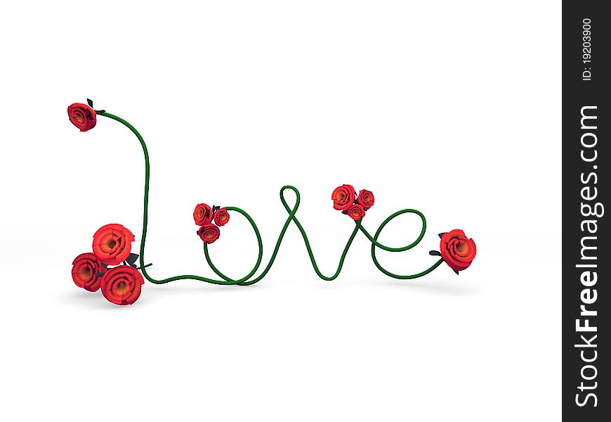 The word Love made with red roses and green vine, high resolution CGI render with soft shadows and studio flat lighting. The word Love made with red roses and green vine, high resolution CGI render with soft shadows and studio flat lighting.