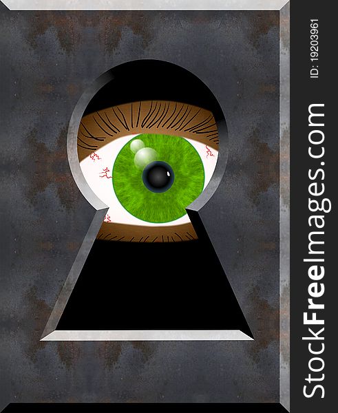 An illustration of an green eye looking through a keyhole. An illustration of an green eye looking through a keyhole.