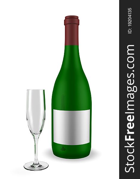 3d rendered green unopened  wine bottle with glass on white background